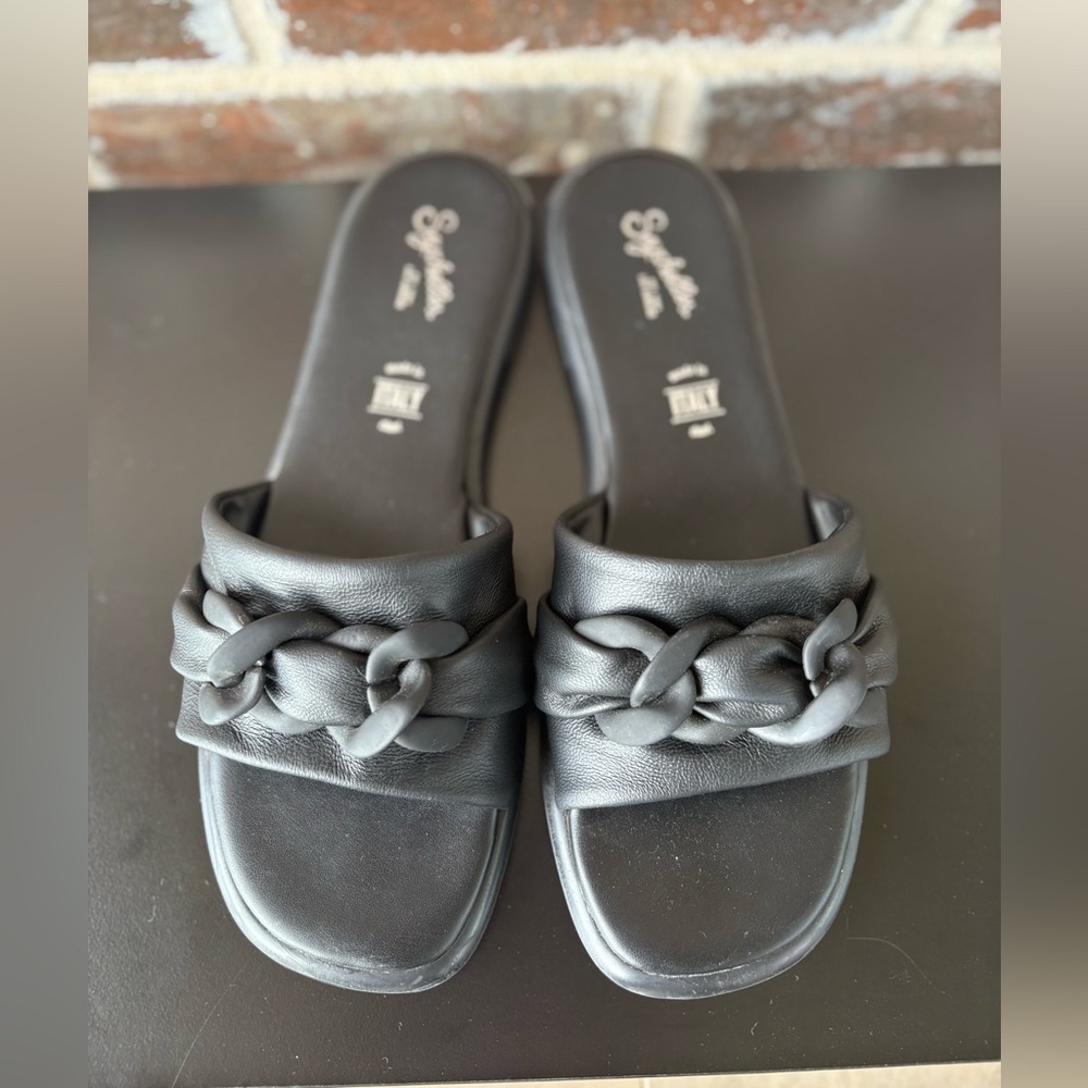 Seychelles Tulum Black Chain Leather Slide Sandals Shoes Size 9.5 - Picture 3 of 13